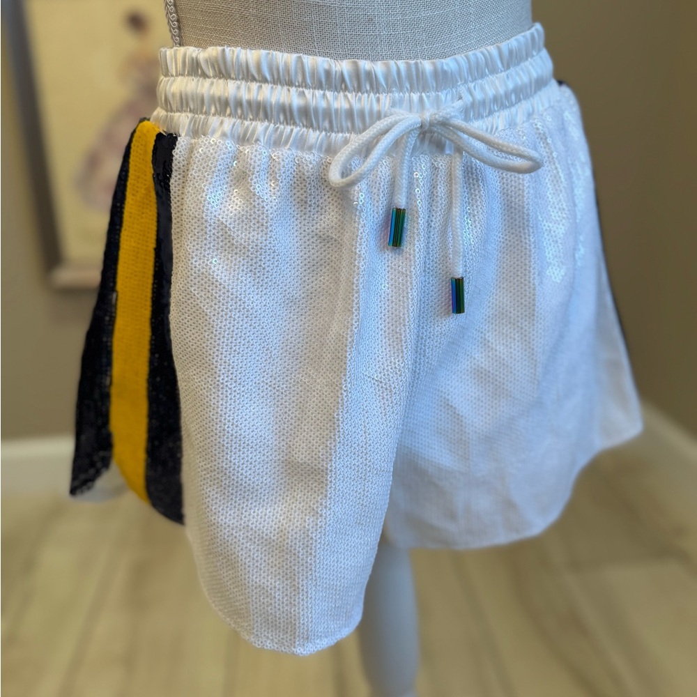 New! QUEEN OF SPARKLES White, Navy, & Yellow Stripe Full Sequin Shorts
